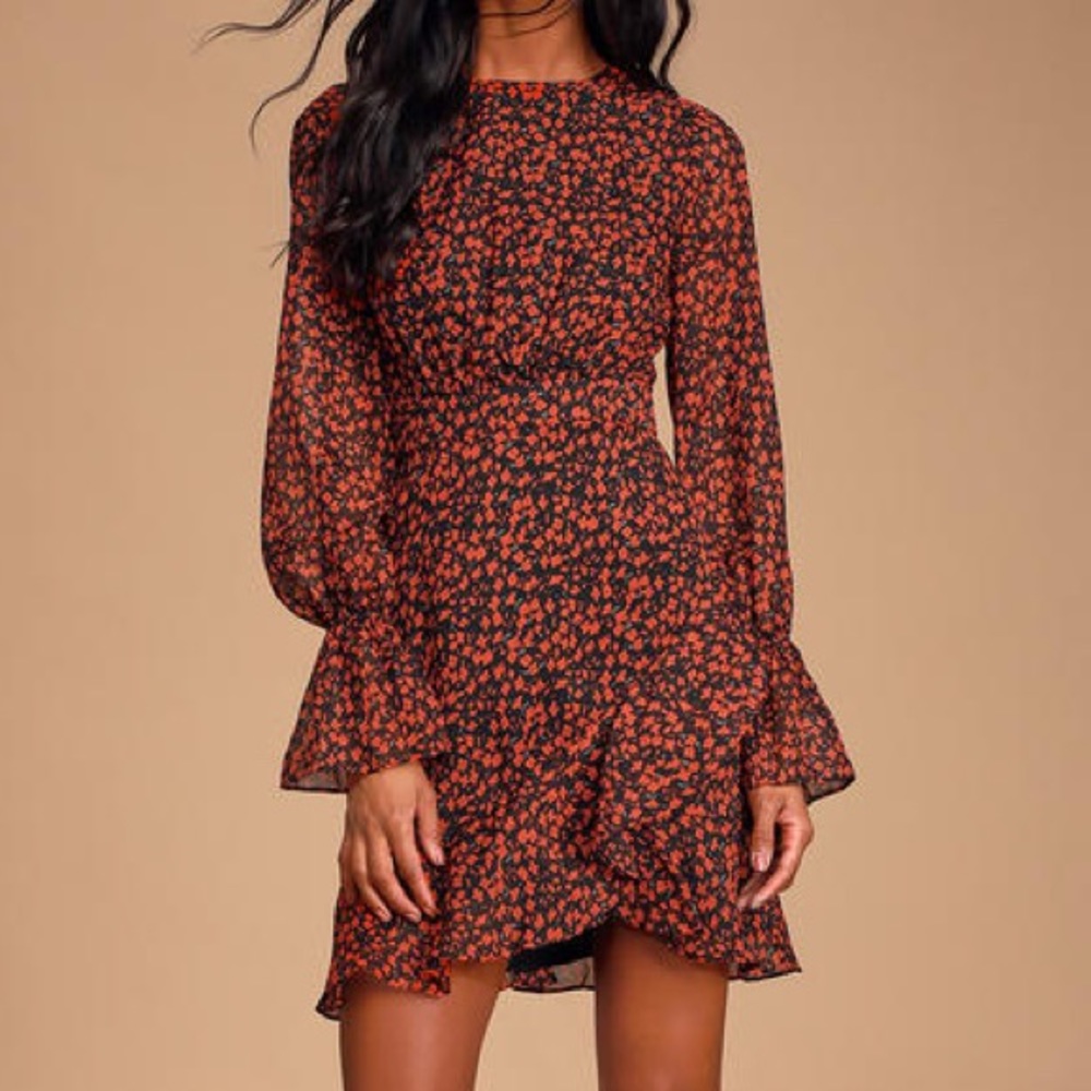 Lulu’s Kiama Black and Red Floral Print Ruffled Long Sleeve Dress